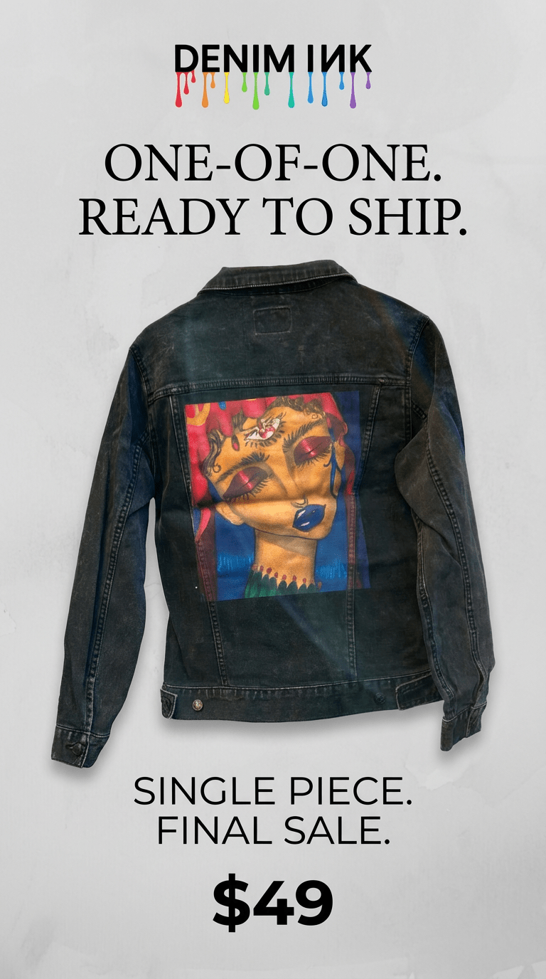 AS - IS. 24. Painted Portrait With Closed Eyes. ONE - OF - ONE. Printed Denim Jacket. Small / Black custom denim jacket by DenimINK