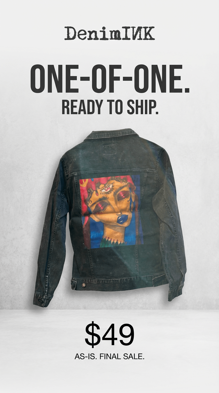 AS - IS. 24. Painted Portrait With Closed Eyes. ONE - OF - ONE. Printed Denim Jacket. Small / Black custom denim jacket by DenimINK