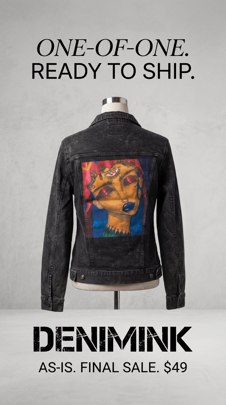 AS - IS. 24. Painted Portrait With Closed Eyes. ONE - OF - ONE. Printed Denim Jacket. Small / Black custom denim jacket by DenimINK