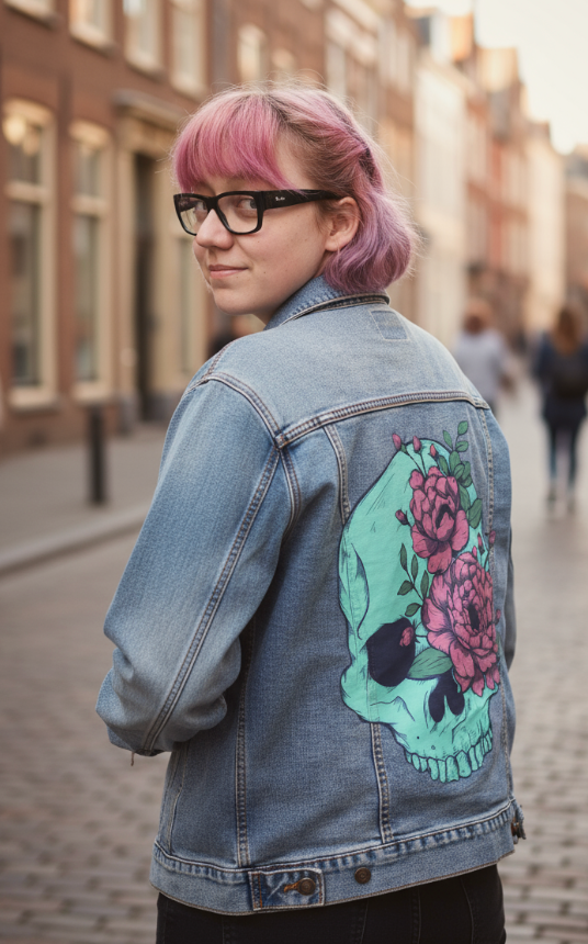 BLUE FLORAL SKULL by JESS ADAMS, digitally printed on DENIM products: throw pillows, aprons, table place mats, and hand-made Unisex Denim Jackets in 3 color choices