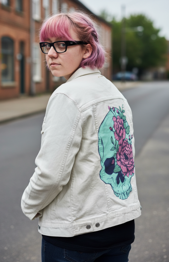BLUE FLORAL SKULL by JESS ADAMS, digitally printed on DENIM products: throw pillows, aprons, table place mats, and hand-made Unisex Denim Jackets in 3 color choices
