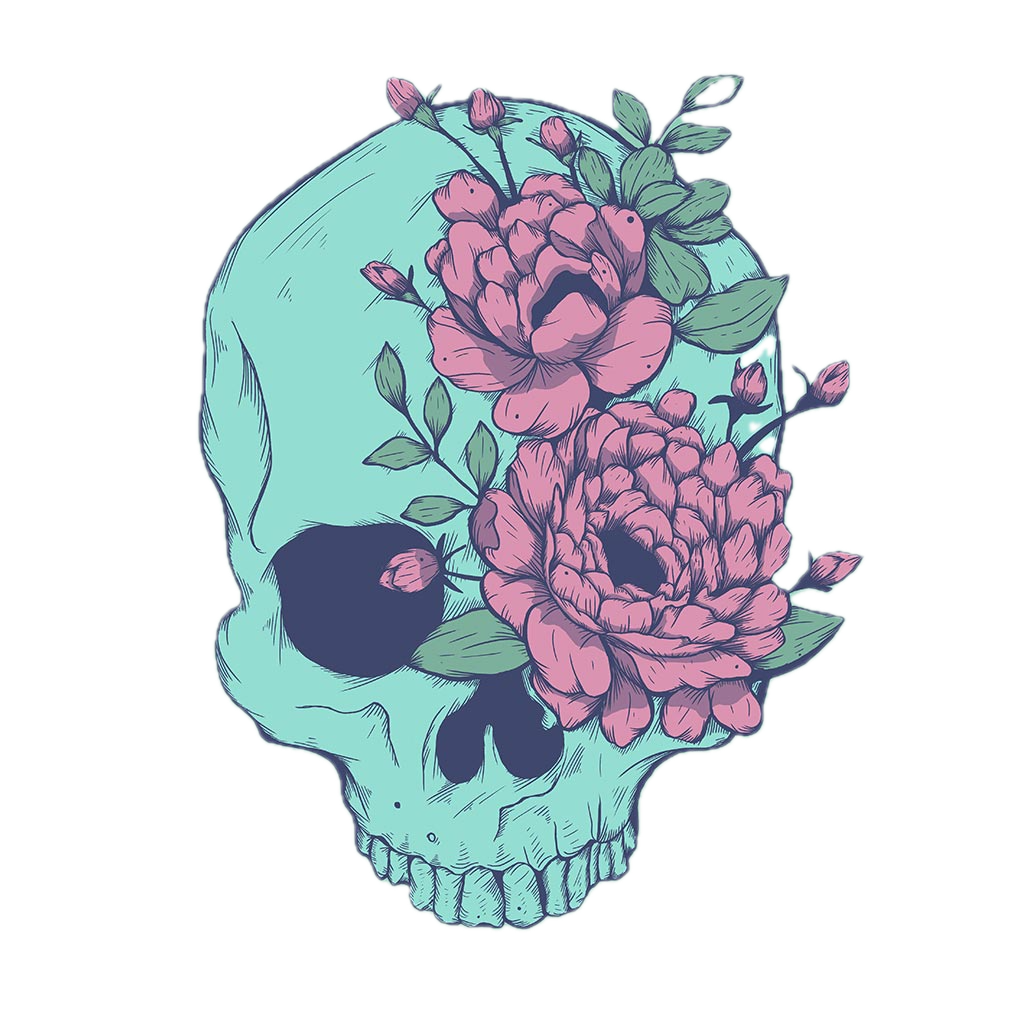 BLUE FLORAL SKULL by JESS ADAMS, digitally printed on DENIM products: throw pillows, aprons, table place mats, and hand-made Unisex Denim Jackets in 3 color choices