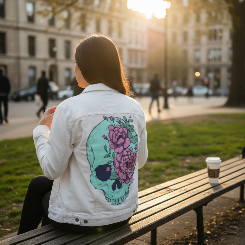 BLUE FLORAL SKULL by JESS ADAMS, digitally printed on DENIM products: throw pillows, aprons, table place mats, and hand-made Unisex Denim Jackets in 3 color choices