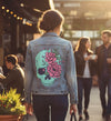 Blue Floral Skull by Jess Adams, printed on a hand-made Unisex Denim Jacket