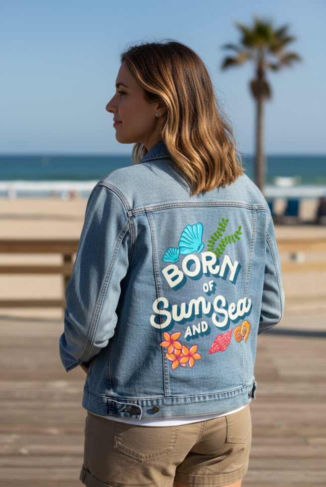 BORN OF SUN AND SEA by IndySign, digitally printed on DENIM products: throw pillows, aprons, table place mats, and hand-made Unisex Denim Jackets in 3 color choices