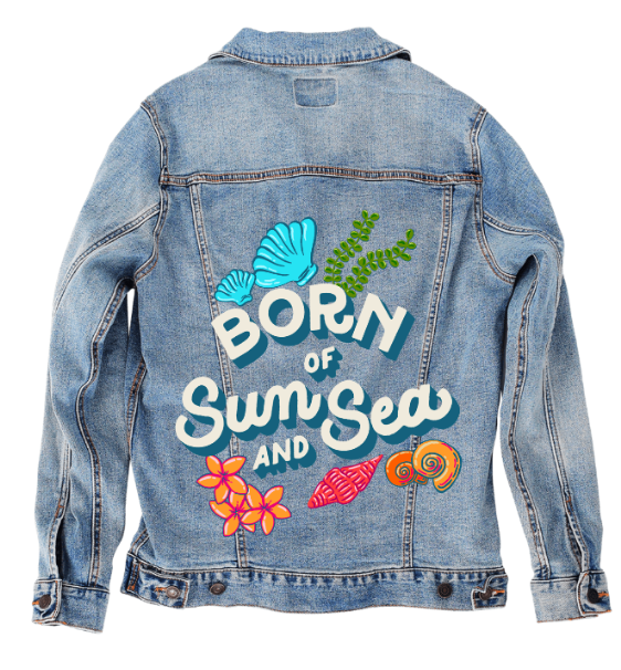 BORN OF SUN AND SEA by IndySign, digitally printed on DENIM products: throw pillows, aprons, table place mats, and hand-made Unisex Denim Jackets in 3 color choices