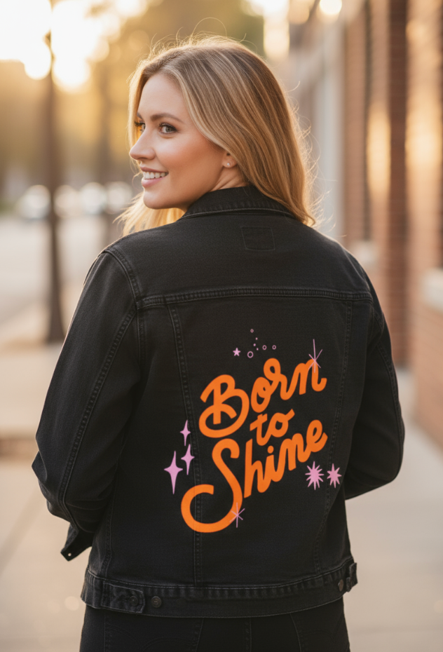 BORN TO SHINE by IndySign printed on a hand-made Unisex Denim Jacket