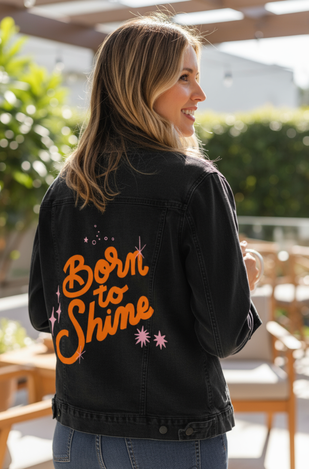 BORN TO SHINE by IndySign printed on a hand-made Unisex Denim Jacket