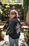 Blue Floral Skull by Jess Adams, printed on a hand-made Unisex Denim Jacket