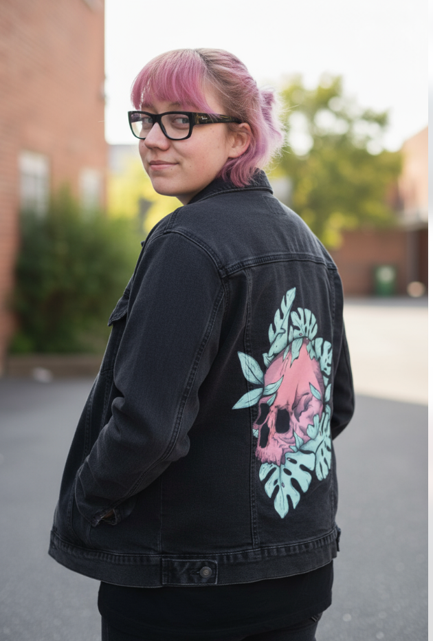BOTANICAL SKULL by JESS ADAMS, digitally printed on DENIM products: throw pillows, aprons, table place mats, and hand-made Unisex Denim Jackets in 3 color choices