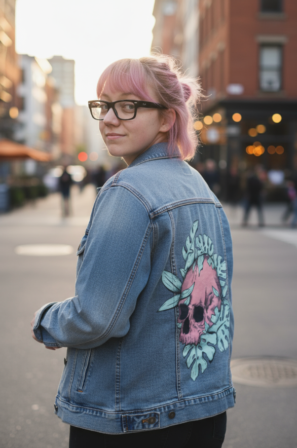 BOTANICAL SKULL by JESS ADAMS, digitally printed on DENIM products: throw pillows, aprons, table place mats, and hand-made Unisex Denim Jackets in 3 color choices