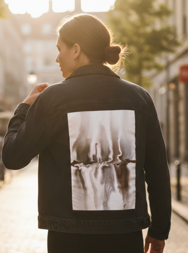 BROWN REFLECTION by RAMIR DESIGNS, digitally printed on DENIM products: throw pillows, aprons, table place mats, and hand-made Unisex Denim Jackets in 3 color choices