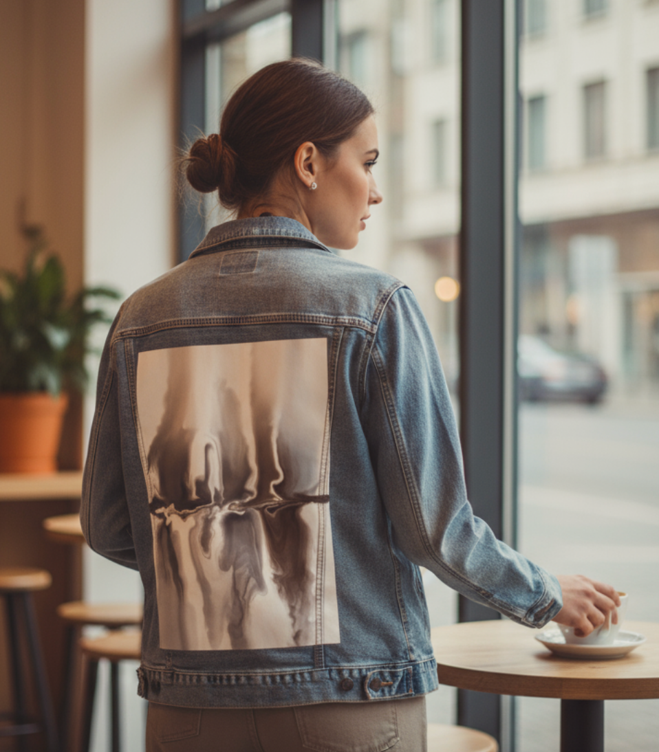 BROWN REFLECTION by RAMIR DESIGNS, digitally printed on DENIM products: throw pillows, aprons, table place mats, and hand-made Unisex Denim Jackets in 3 color choices