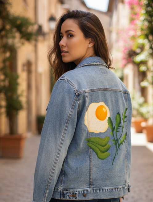 BRUNCH CLUB by thearticsoul, digitally printed on DENIM products: throw pillows, aprons, table place mats, and hand-made Unisex Denim Jackets in 3 color choices