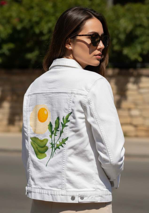 BRUNCH CLUB by thearticsoul, digitally printed on DENIM products: throw pillows, aprons, table place mats, and hand-made Unisex Denim Jackets in 3 color choices