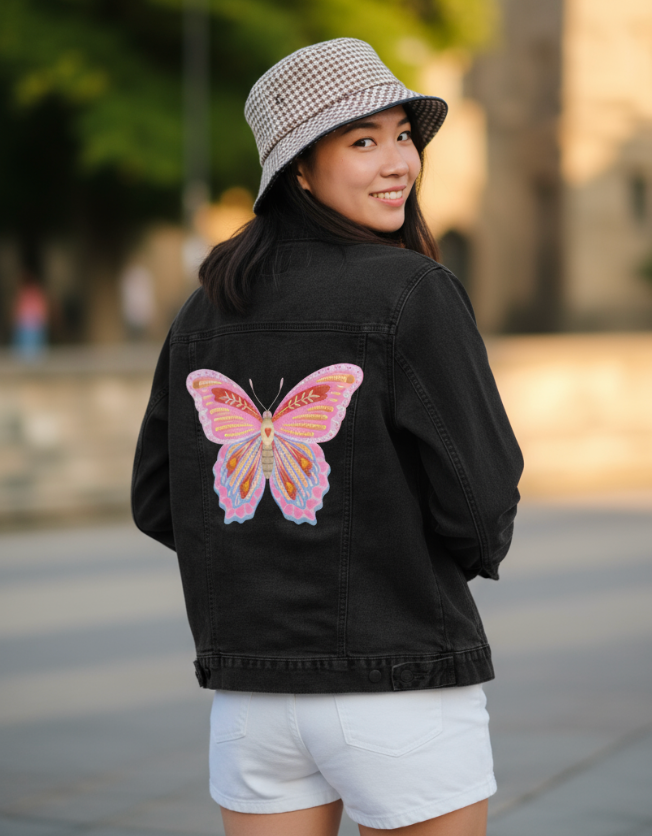 BUTTERFLY by thearticsoul, digitally printed on DENIM products: throw pillows, aprons, table place mats, and hand-made Unisex Denim Jackets in 3 color choices