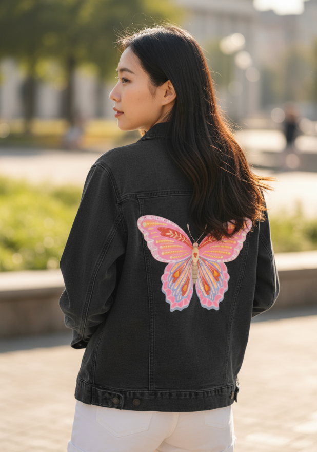 BUTTERFLY by thearticsoul, digitally printed on DENIM products: throw pillows, aprons, table place mats, and hand-made Unisex Denim Jackets in 3 color choices