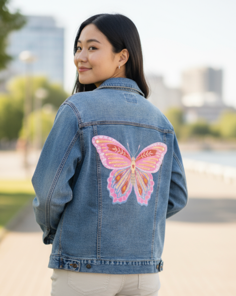 BUTTERFLY by thearticsoul, digitally printed on DENIM products: throw pillows, aprons, table place mats, and hand-made Unisex Denim Jackets in 3 color choices