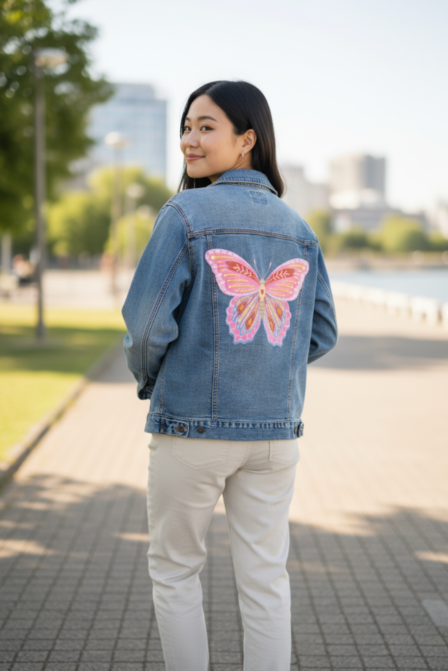 BUTTERFLY by thearticsoul, digitally printed on DENIM products: throw pillows, aprons, table place mats, and hand-made Unisex Denim Jackets in 3 color choices