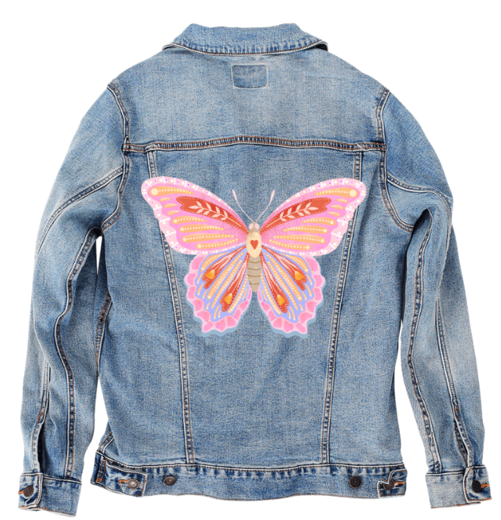 BUTTERFLY by thearticsoul, digitally printed on DENIM products: throw pillows, aprons, table place mats, and hand-made Unisex Denim Jackets in 3 color choices