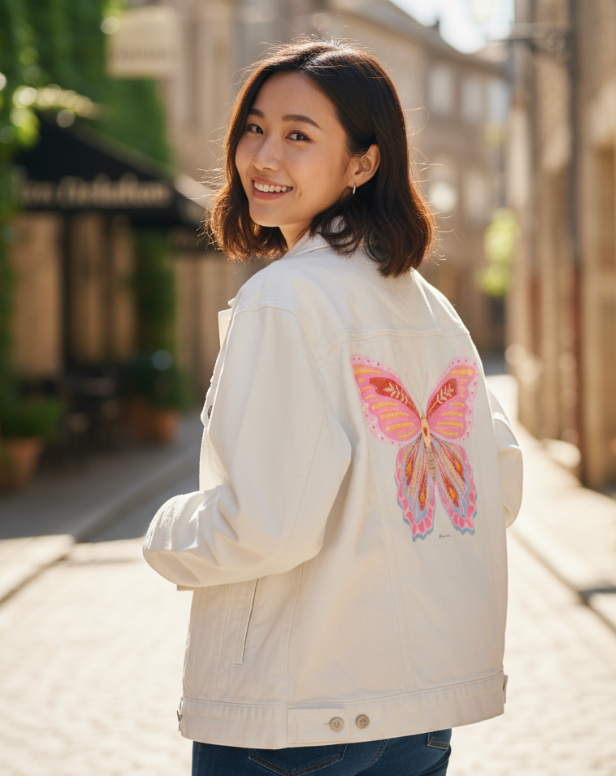 BUTTERFLY by thearticsoul, digitally printed on DENIM products: throw pillows, aprons, table place mats, and hand-made Unisex Denim Jackets in 3 color choices