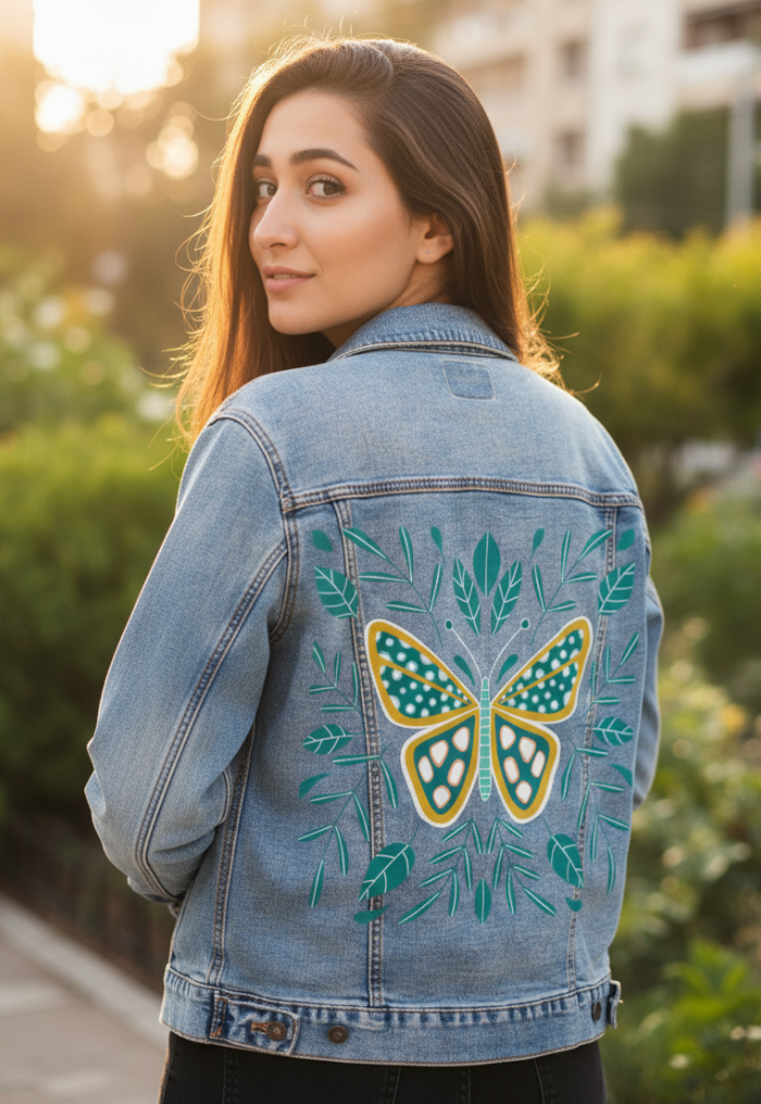 BUTTERFLY by HEND SHEHATA, digitally printed on DENIM products: throw pillows, aprons, table place mats, and hand-made Unisex Denim Jackets in 3 color choices