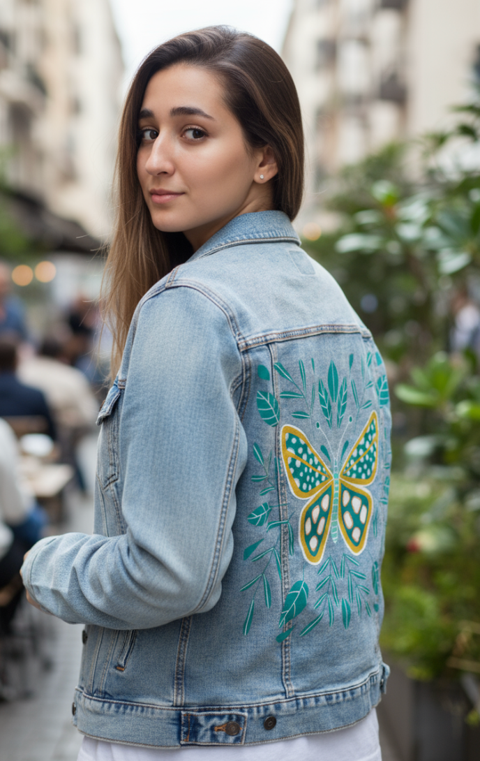 BUTTERFLY by HEND SHEHATA, digitally printed on DENIM products: throw pillows, aprons, table place mats, and hand-made Unisex Denim Jackets in 3 color choices