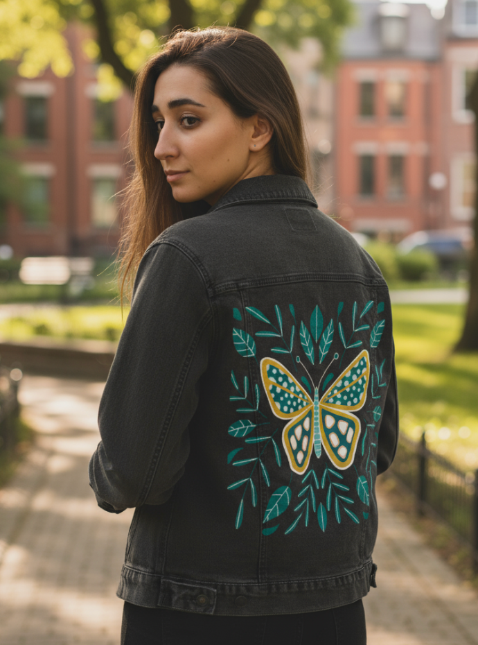 BUTTERFLY by HEND SHEHATA, digitally printed on DENIM products: throw pillows, aprons, table place mats, and hand-made Unisex Denim Jackets in 3 color choices