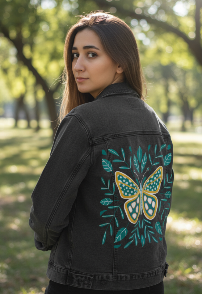 BUTTERFLY by HEND SHEHATA, digitally printed on DENIM products: throw pillows, aprons, table place mats, and hand-made Unisex Denim Jackets in 3 color choices