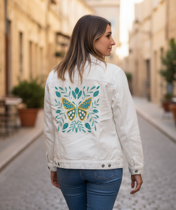 BUTTERFLY by HEND SHEHATA, digitally printed on a hand-made Unisex Denim Jacket
