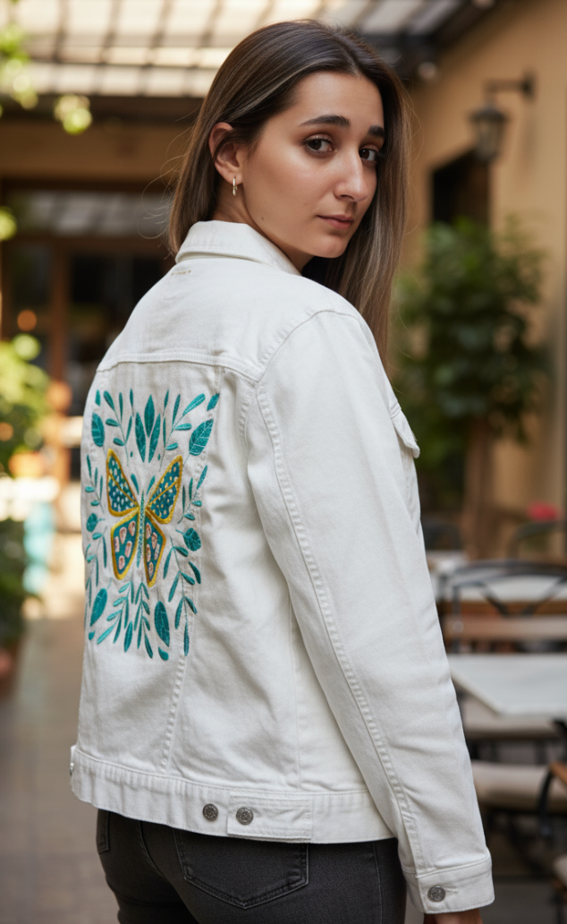 BUTTERFLY by HEND SHEHATA, digitally printed on DENIM products: throw pillows, aprons, table place mats, and hand-made Unisex Denim Jackets in 3 color choices