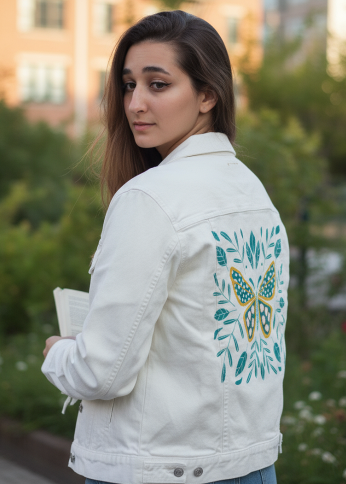 BUTTERFLY by HEND SHEHATA, digitally printed on DENIM products: throw pillows, aprons, table place mats, and hand-made Unisex Denim Jackets in 3 color choices