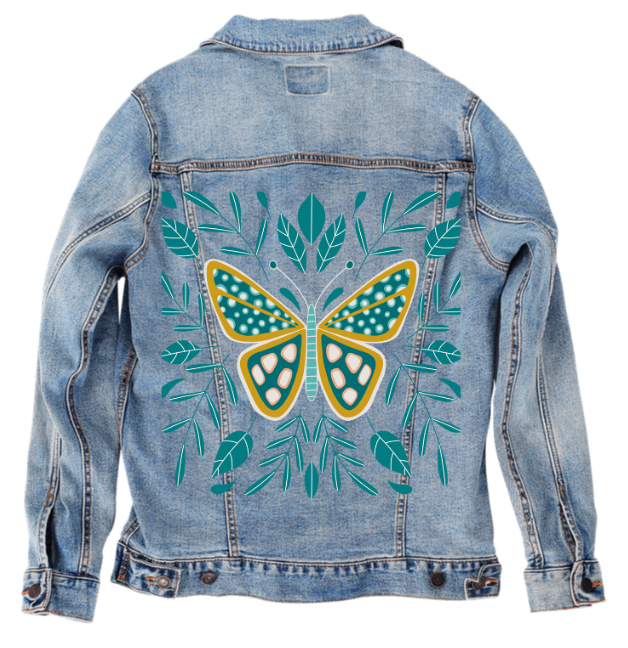 BUTTERFLY by HEND SHEHATA, digitally printed on DENIM products: throw pillows, aprons, table place mats, and hand-made Unisex Denim Jackets in 3 color choices