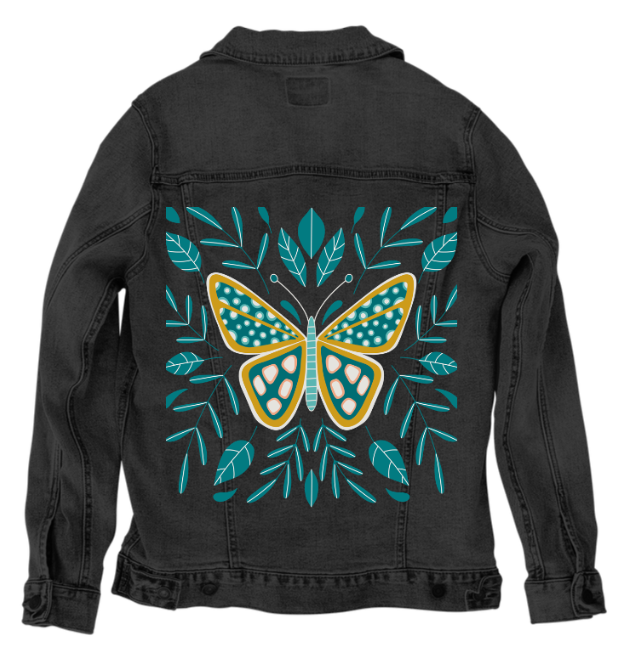 BUTTERFLY by HEND SHEHATA, digitally printed on DENIM products: throw pillows, aprons, table place mats, and hand-made Unisex Denim Jackets in 3 color choices