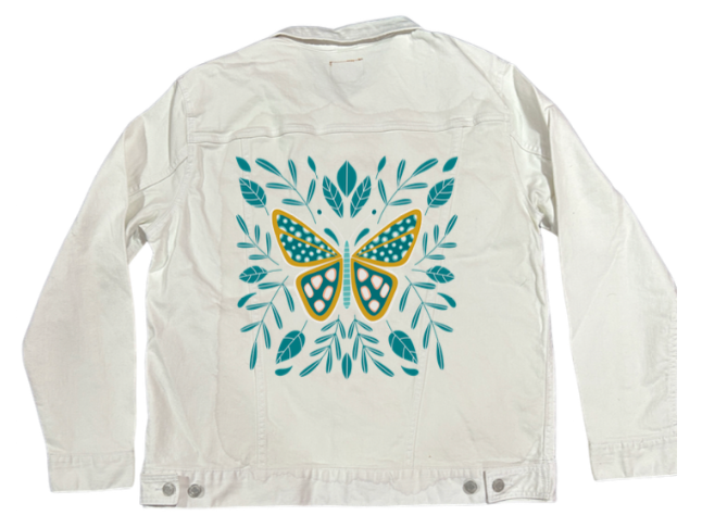 BUTTERFLY by HEND SHEHATA, digitally printed on DENIM products: throw pillows, aprons, table place mats, and hand-made Unisex Denim Jackets in 3 color choices