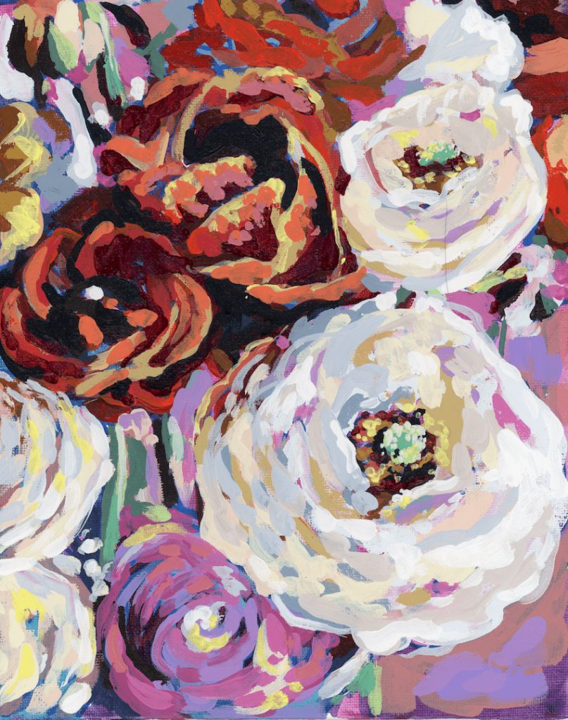 illustration of A dense painted bouquet of flowers filling the frame, featuring large white and cream blooms with layered petals, deep red &amp; burgundy roses, and smaller pink and lavender flowers. thick expressive brushstrokes overlap throughout, with visible texture &amp; color variation in petals and centers. stems and leaves appear in muted greens beneath the flowers, with a multicolored painterly background of blues, purples, and warm tones. Artwork is titled “Birthday Bouquet” &amp; created by Paige Flotterud