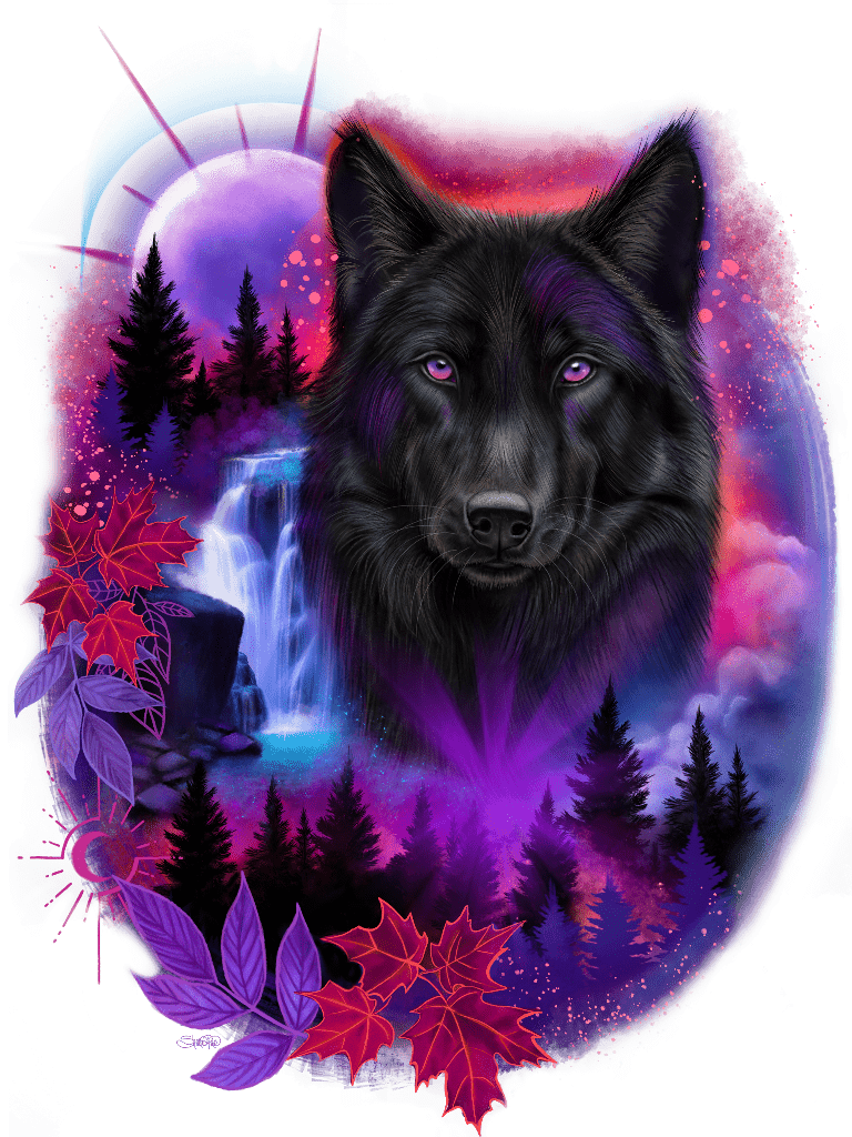 illustration of a large black wolf’s face emerging at center with upright ears and glowing violet eyes, surrounded by a circular night scene. a luminous purple moon rises behind silhouetted pine trees, while a waterfall cascades into a glowing pool at left. violet, magenta, and blue mist fills the forest, with scattered star-like specks. red and purple autumn leaves frame the edges, along with crescent moon symbols and botanical motifs. this artwork is titled “Black Wolf Spirit” and created by Sheena Pike