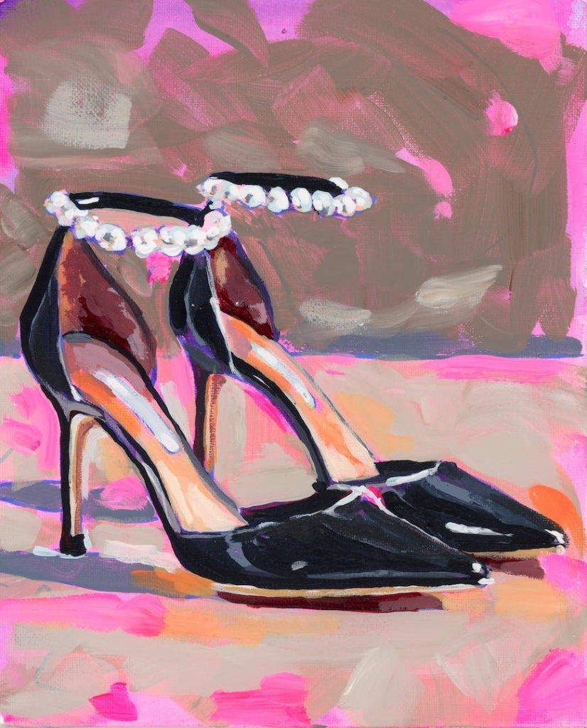 illustration of A pair of black high-heeled shoes shown in side view, painted with expressive brushstrokes. the shoes have pointed toes, slim heels, and glossy black surfaces with white highlight strokes. pearl-like ankle straps wrap around the heels, rendered as clustered white dots. the background blends pink, taupe, beige, and gray paint in layered strokes with visible texture. This artwork is titled “Black Pearl High Heel” and created by Paige Flotterud