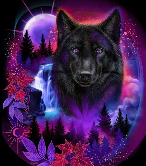 BLACK WOLF SPIRIT by SHEENA PIKE, digitally printed on DENIM products: throw pillows, aprons, table place mats, and hand-made Unisex Denim Jackets in 3 color choices