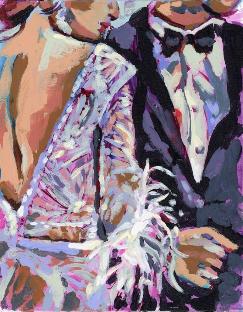 illustration of A close-cropped painted scene showing a bride and groom from the shoulders down, standing side by side. The bride wears a white lace dress with visible textured brushstrokes and a bouquet of white flowers held at center. the groom wears a dark suit with a white shirt and bow tie. skin tones, fabric, and florals are rendered in expressive strokes of pink, lavender, cream, black, and muted brown against a painterly background. This artwork is titled “Bride and Groom” and created by Paige Flott