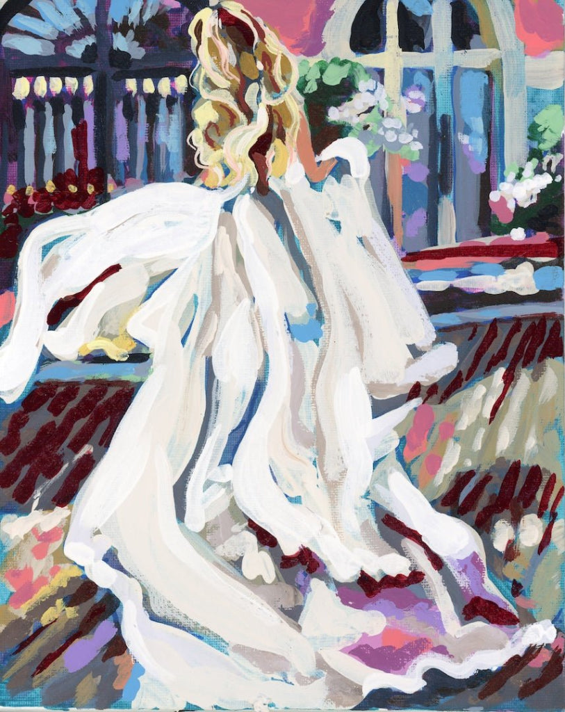 illustration of A bride seen from behind wearing a flowing white wedding dress, painted in expressive, layered brushstrokes. the gown trails outward with long sweeping strokes, creating a sense of movement across a textured ground. The bride’s blonde hair falls in loose waves down her back, and she holds a bouquet of pale flowers. architectural details and garden elements appear softly in the background, rendered in blues, greens, reds, and pinks. This artwork is titled “Bride” and created by Paige Flotteru