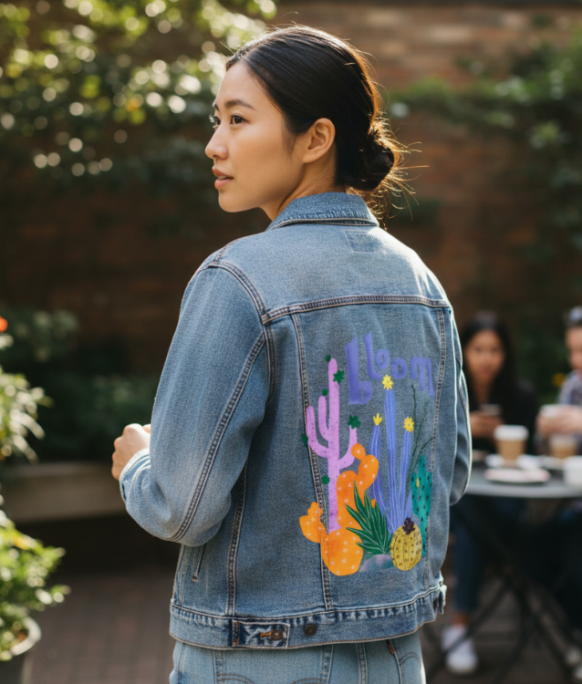 CACTUS BLOOMS by thearticsoul, digitally printed on DENIM products: throw pillows, aprons, table place mats, and hand-made Unisex Denim Jackets in 3 color choices
