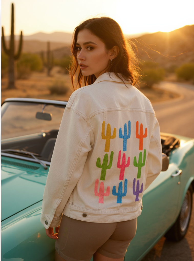 CACTUS GARDEN by HEND SHEHATA, digitally printed on DENIM products: throw pillows, aprons, table place mats, and hand-made Unisex Denim Jackets in 3 color choices