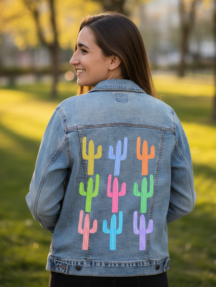 CACTUS GARDEN by HEND SHEHATA, digitally printed on DENIM products: throw pillows, aprons, table place mats, and hand-made Unisex Denim Jackets in 3 color choices