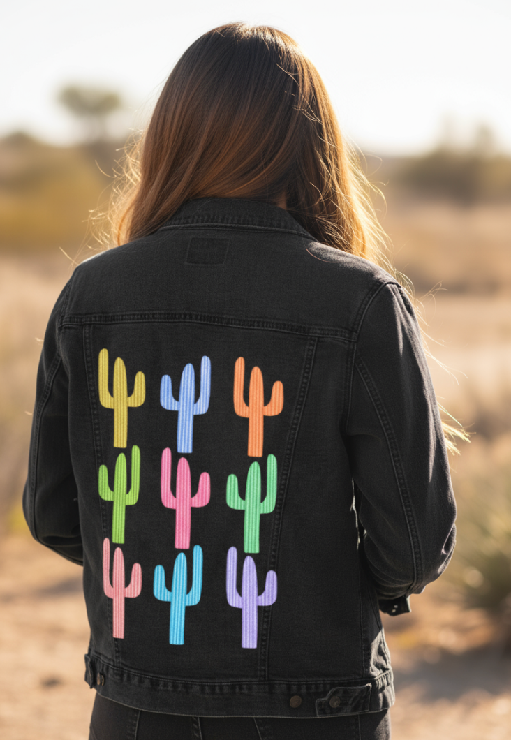 CACTUS GARDEN by HEND SHEHATA, digitally printed on DENIM products: throw pillows, aprons, table place mats, and hand-made Unisex Denim Jackets in 3 color choices