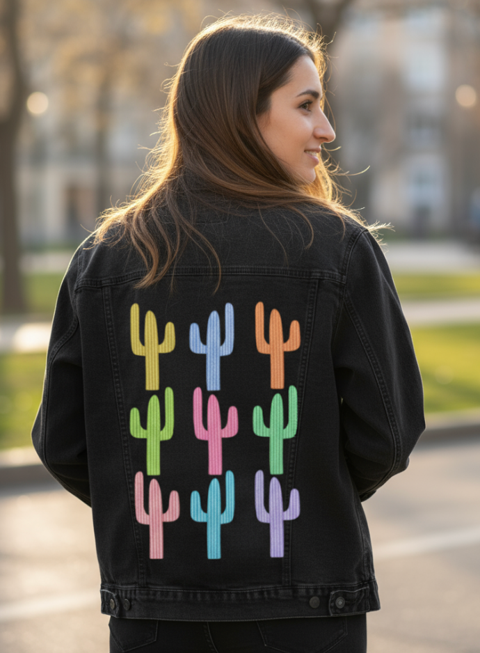 CACTUS GARDEN by HEND SHEHATA, digitally printed on DENIM products: throw pillows, aprons, table place mats, and hand-made Unisex Denim Jackets in 3 color choices