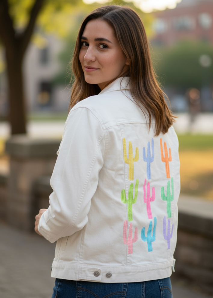 CACTUS GARDEN by HEND SHEHATA, digitally printed on DENIM products: throw pillows, aprons, table place mats, and hand-made Unisex Denim Jackets in 3 color choices