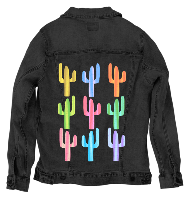 CACTUS GARDEN by HEND SHEHATA, digitally printed on DENIM products: throw pillows, aprons, table place mats, and hand-made Unisex Denim Jackets in 3 color choices