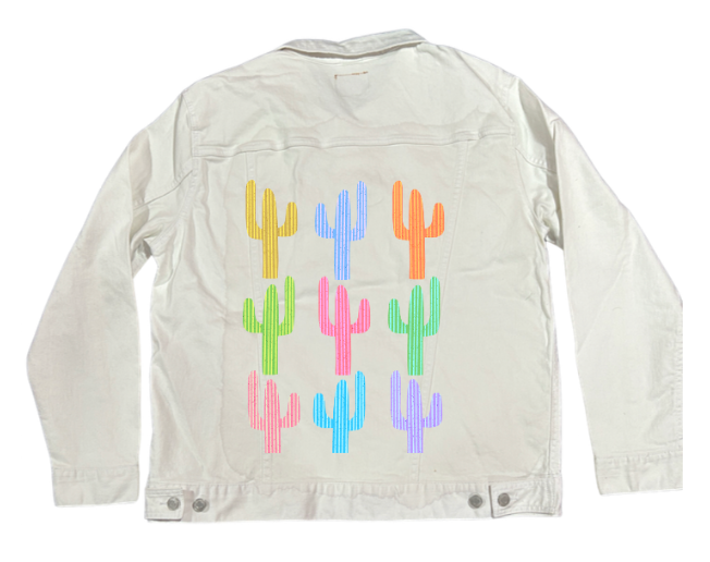CACTUS GARDEN by HEND SHEHATA, digitally printed on DENIM products: throw pillows, aprons, table place mats, and hand-made Unisex Denim Jackets in 3 color choices