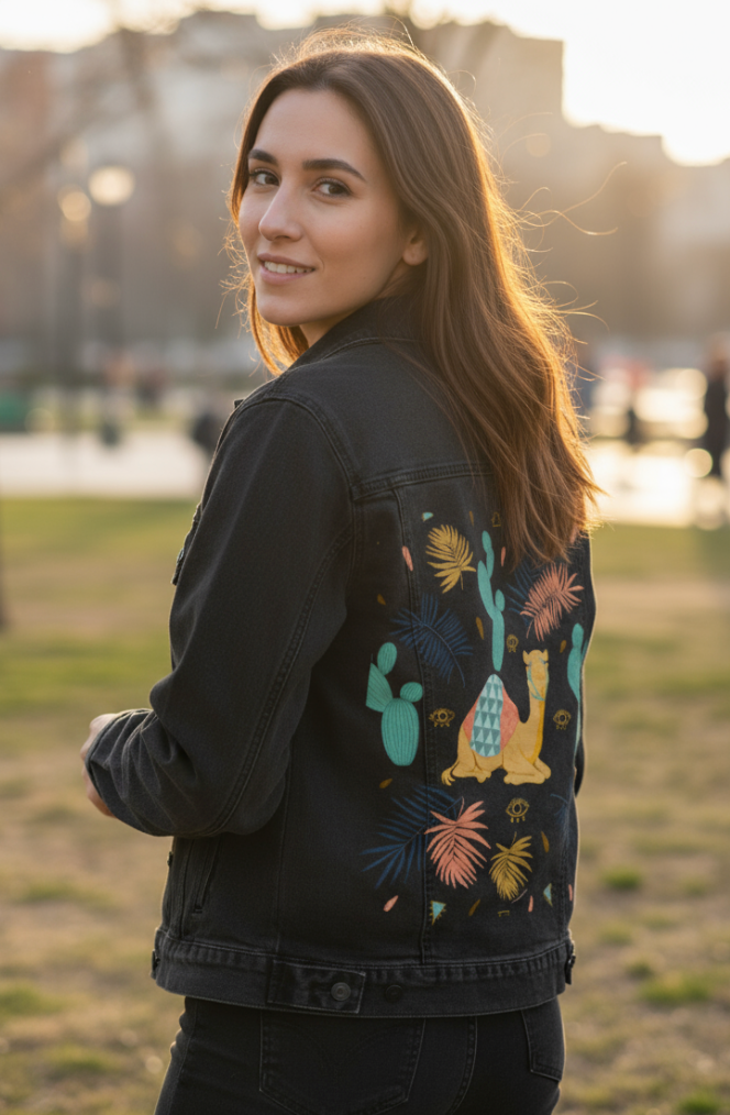 CAMEL by HEND SHEHATA, digitally printed on DENIM products: throw pillows, aprons, table place mats, and hand-made Unisex Denim Jackets in 3 color choices